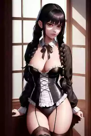 Большие сиськи,горничные,трусики,уэнсдей,черноволосые,чулки,в одежде,